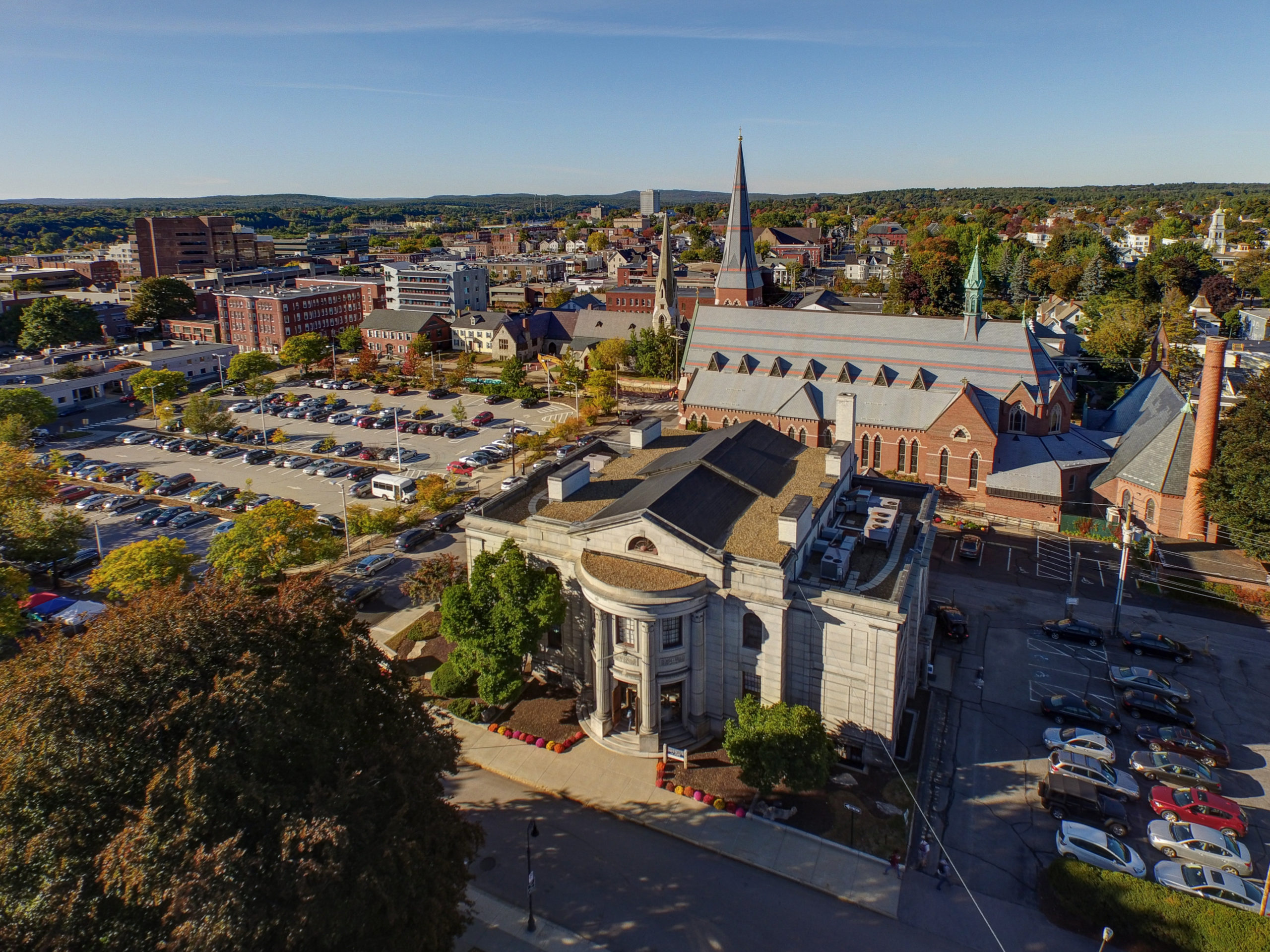 Aerial view of French Hall on NEC's Manchester campus