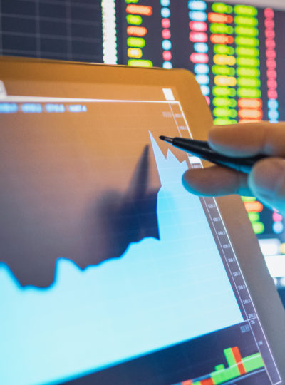 Business professional looks at a chart on a computer screen