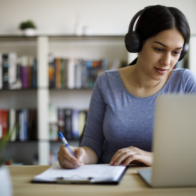 Female student attends class online