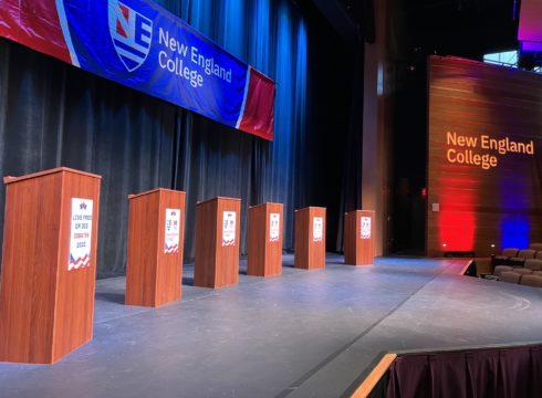 Debate podiums in the Putnam Center