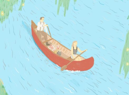 Man and woman canoeing painted by alumnus Nate Twomly