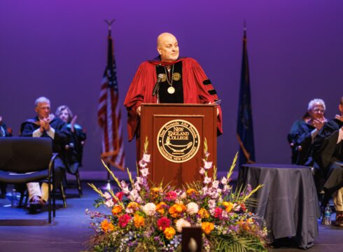 Dr, Wayne F. Lesperance, Jr. speaks at his inauguration ceremony.