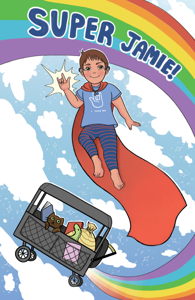 "Super Jamie," an illustration created by Izzy Usle, a 2023 graduate of NEC's Illustration program, for a child with a serious illness