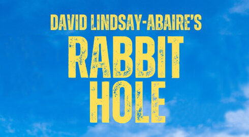 Graphic announcing NEC Theatre's spring 2024 show, Rabbit Hole, by David Lindsay-Abaire at the Putnam Center in Henniker, NH