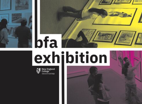 Graphic promoting New England College's 2024 BFA Exhibition showcasing the work of graduating seniors in the College's Bachelor of Fine Arts programs