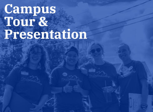 Graphic featuring female students at New England College and announcing the College's campus your and presentation events