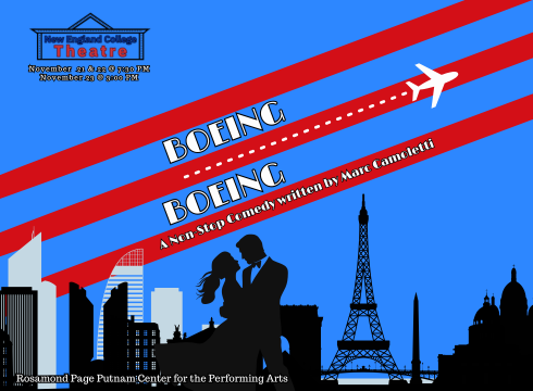 Graphic for "Boeing, Boeing," the fall 2024 theatre production at New England College
