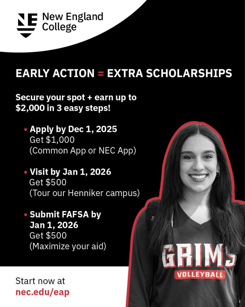 Graphic explaining New England College's Early Acceptance Program for undergraduate programs