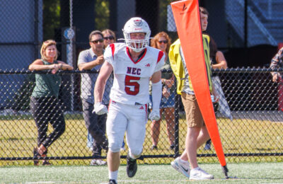 Football player shows excitement and emotion at New England College