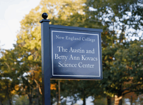 Photo of the new sign outside the Austin and Betty Ann Kovacs Science Center at New England College