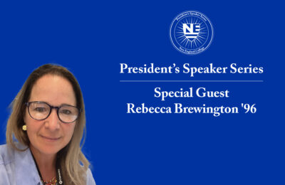 Graphic announcing NEC graduate Rebecca Brewington as the speaker at the College's next President Speaker's Series event.
