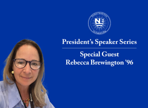Graphic announcing NEC graduate Rebecca Brewington as the speaker at the College's next President Speaker's Series event.
