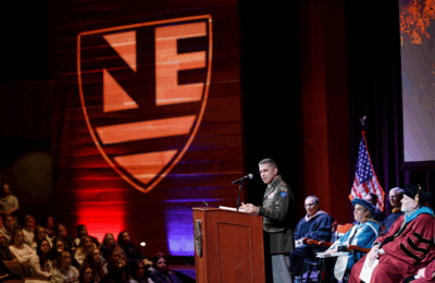 Maj. Gen. David Mikolaities, NH Adjutant General, delivers the keynote address at New England College's Founders Day 2026 ceremony