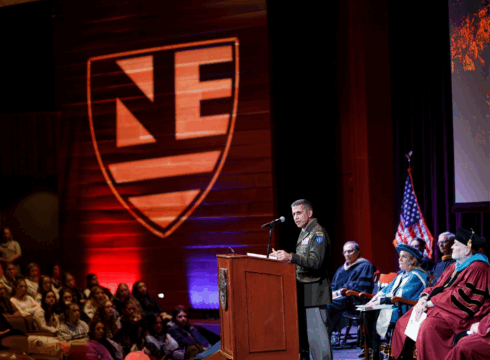 Maj. Gen. David Mikolaities, NH Adjutant General, delivers the keynote address at New England College's Founders Day 2026 ceremony