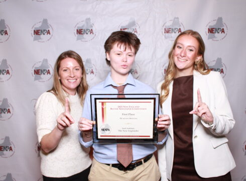 Professor Colleen McElveen and students Soob Soobitsky and Lauren Hall attend the 2026 New England Newspaper & Press Association awards on March 14.