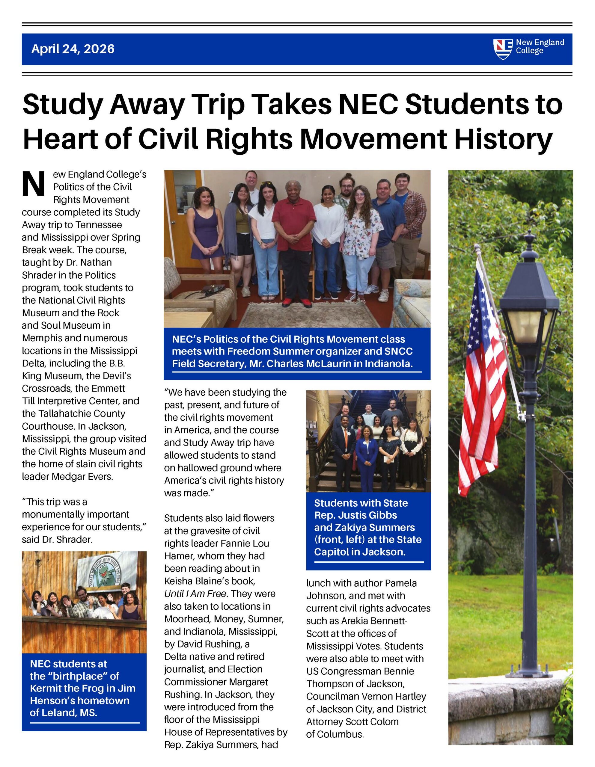Flyer sharing news of New England College's Politics class taking Study Away trip to study America's Civil Rights Movement