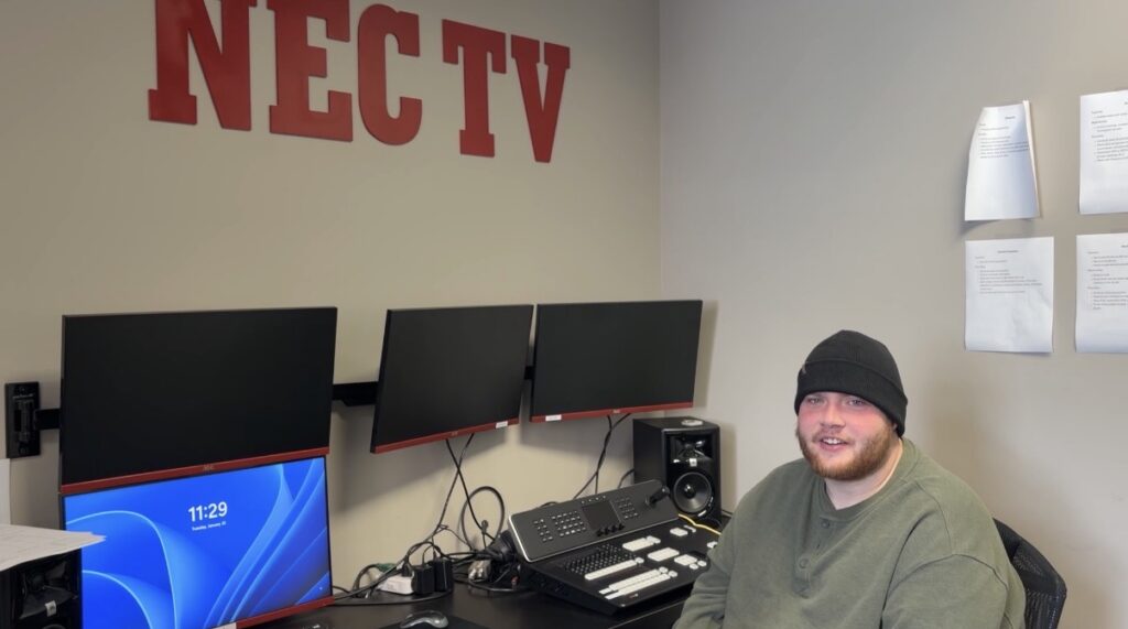 Bodee Robinson work at NEC-TV, the student-run television station at New England College in Henniker, NH.