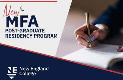 Graphic announcing New England College's new Post-Graduate Residency Program for graduates of any MFA in Creative Writing program