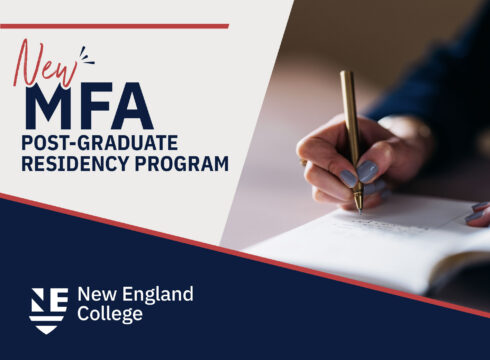 Graphic announcing New England College's new Post-Graduate Residency Program for graduates of any MFA in Creative Writing program