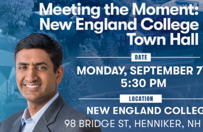 Graphic announcing a town hall meeting with California Representative Ro Khanna at New England College in Henniker, NH, on September 7