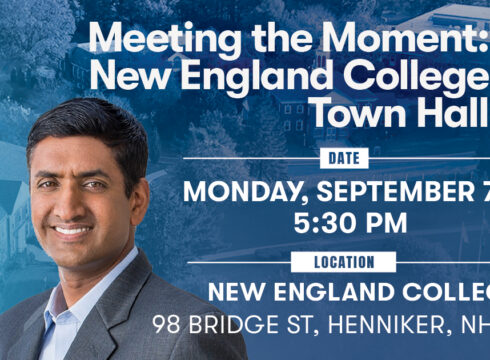 Graphic announcing a town hall meeting with California Representative Ro Khanna at New England College in Henniker, NH, on September 7