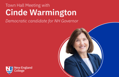 Graphic announcing a town hall meeting with Cinde Warmington, Democratic candidate for New Hampshire governor