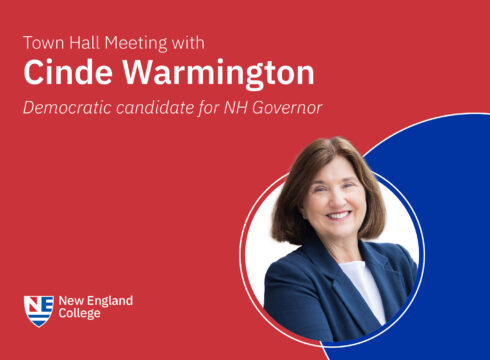 Graphic announcing a town hall meeting with Cinde Warmington, Democratic candidate for New Hampshire governor