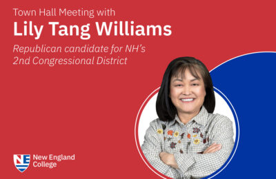 Graphic announcing a town hall meeting with Lily Tang Williams, Republican candidate for New Hampshire's second congressional district
