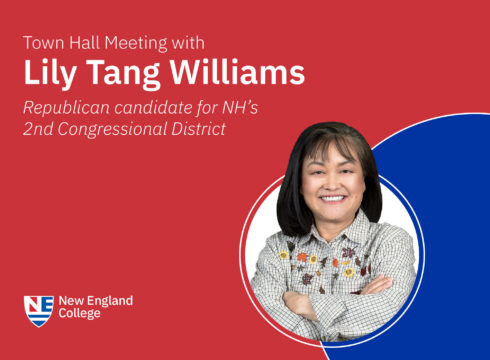 Graphic announcing a town hall meeting with Lily Tang Williams, Republican candidate for New Hampshire's second congressional district