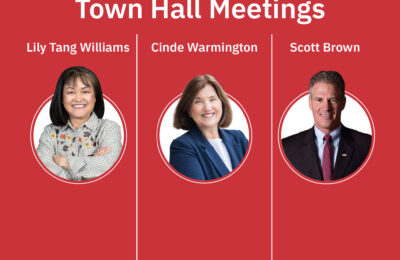 Graphic for three town hall meetings to be held at New England College in Henniker, NH
