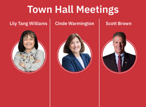 Graphic for three town hall meetings to be held at New England College in Henniker, NH